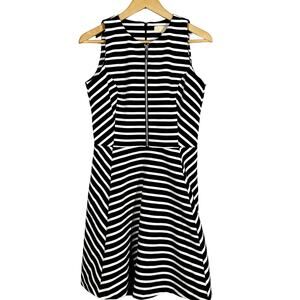 Michael Kors Striped Zip Front Fit & Flare Dress Black White Sleeveless Casual 6